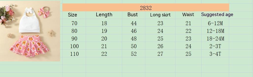 A set of children's clothing including a white sleeveless top with a bow at the neck, a pink skort with a floral pattern, and a matching hairband, displayed against a beige background with decorative elements like flowers and stars.