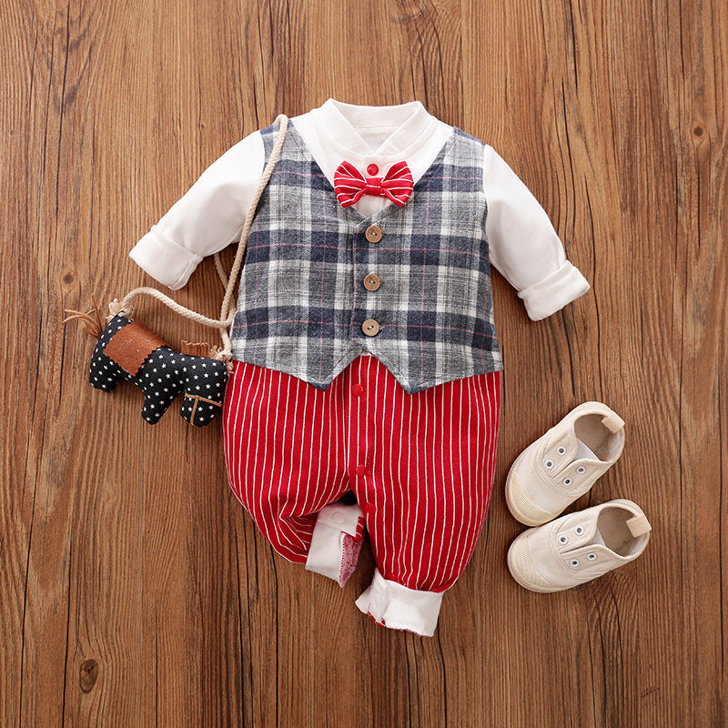 A set of baby autumn clothing featuring a wine red and white striped romper with long sleeves, a white shirt, and a bow tie. Accompanied by white baby shoes and a frame for a photo.