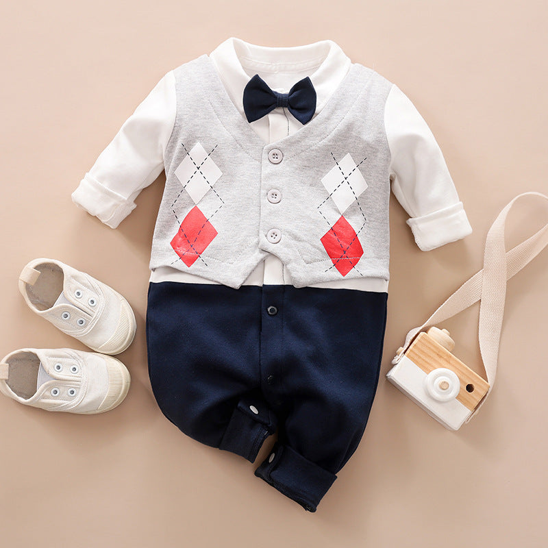 A set of baby autumn clothing featuring a wine red and white striped romper with long sleeves, a white shirt, and a bow tie. Accompanied by white baby shoes and a frame for a photo.