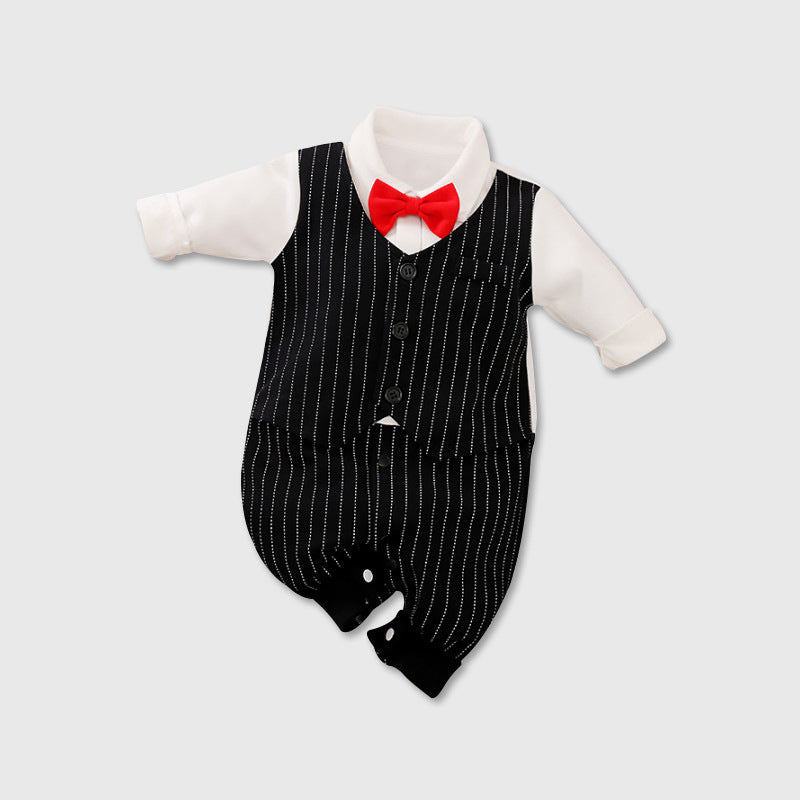 A set of baby autumn clothing featuring a wine red and white striped romper with long sleeves, a white shirt, and a bow tie. Accompanied by white baby shoes and a frame for a photo.