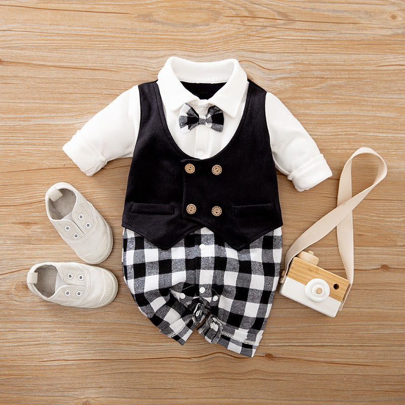 A set of baby autumn clothing featuring a wine red and white striped romper with long sleeves, a white shirt, and a bow tie. Accompanied by white baby shoes and a frame for a photo.
