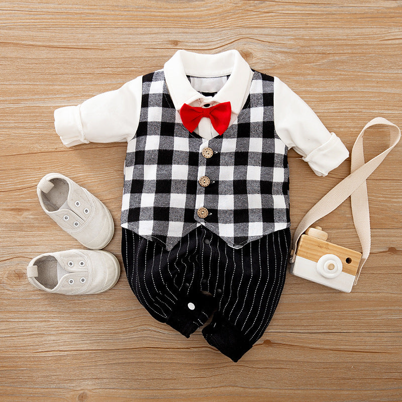 A set of baby autumn clothing featuring a wine red and white striped romper with long sleeves, a white shirt, and a bow tie. Accompanied by white baby shoes and a frame for a photo.