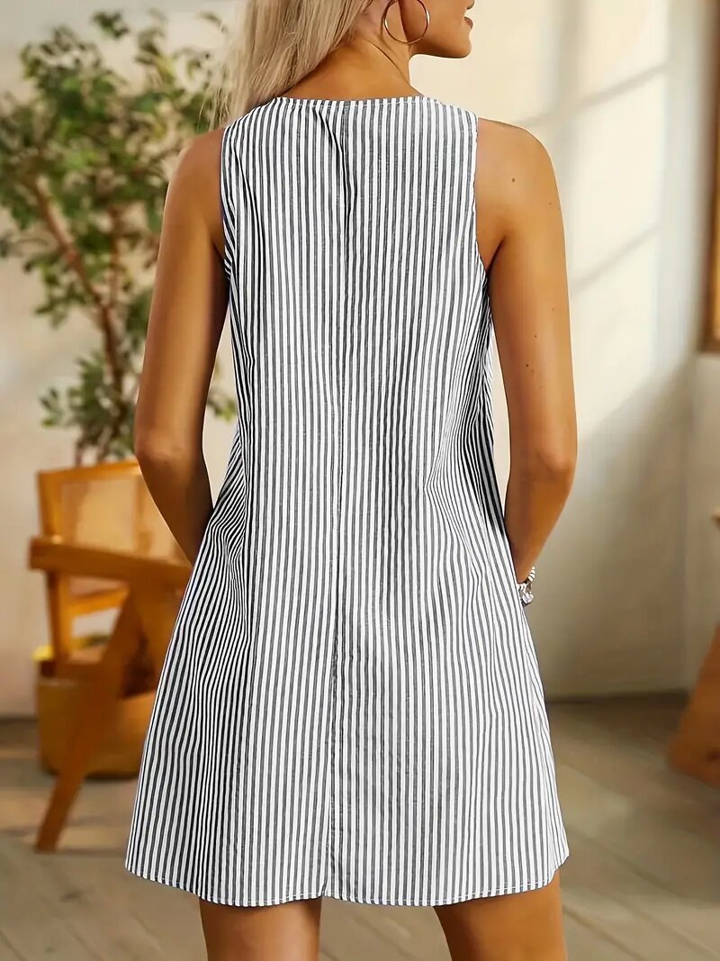 A collage of images showing a striped sleeveless mini dress with a U-neck and back button details available in multiple colors.