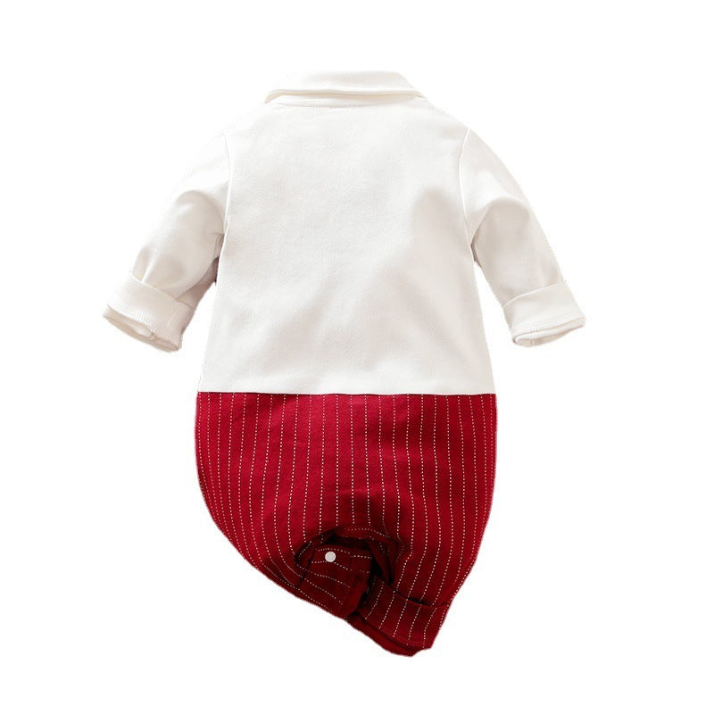 A set of baby autumn clothing featuring a wine red and white striped romper with long sleeves, a white shirt, and a bow tie. Accompanied by white baby shoes and a frame for a photo.