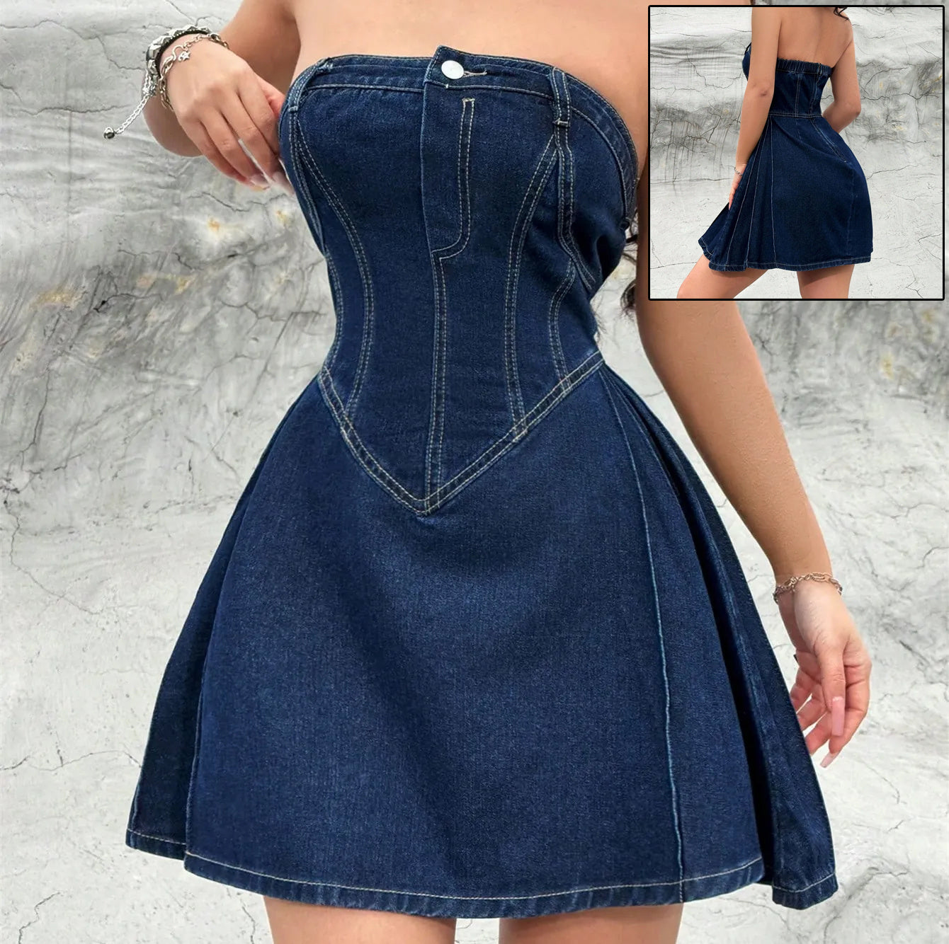 Women's summer off-shoulder low collar strapless denim dress with fishbone waist and flared skirt, ideal for Y2K party clubwear.