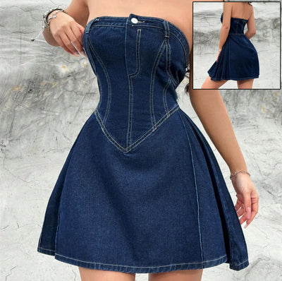 Women's summer off-shoulder low collar strapless denim dress with fishbone waist and flared skirt, ideal for Y2K party clubwear.