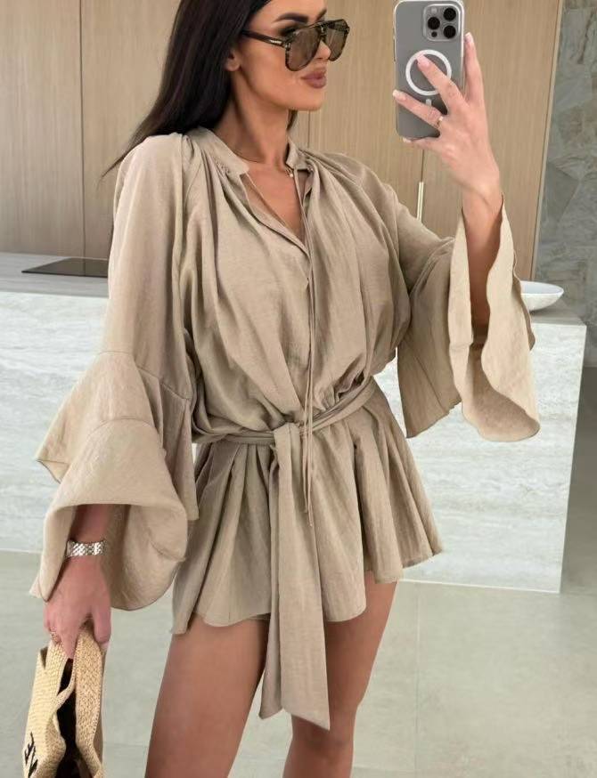 Women's V-neck Irregular Skirt With Ruffle Sleeves