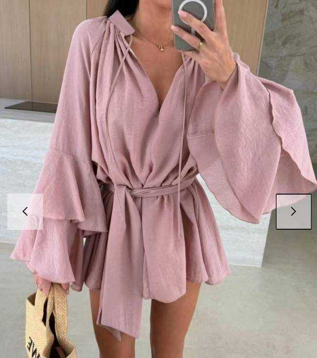 Women's V-neck Irregular Skirt With Ruffle Sleeves