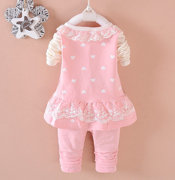 Back view of BibiCola baby girl pink tracksuit set featuring heart patterns and lace detailing, perfect for toddler girls' casual wear.