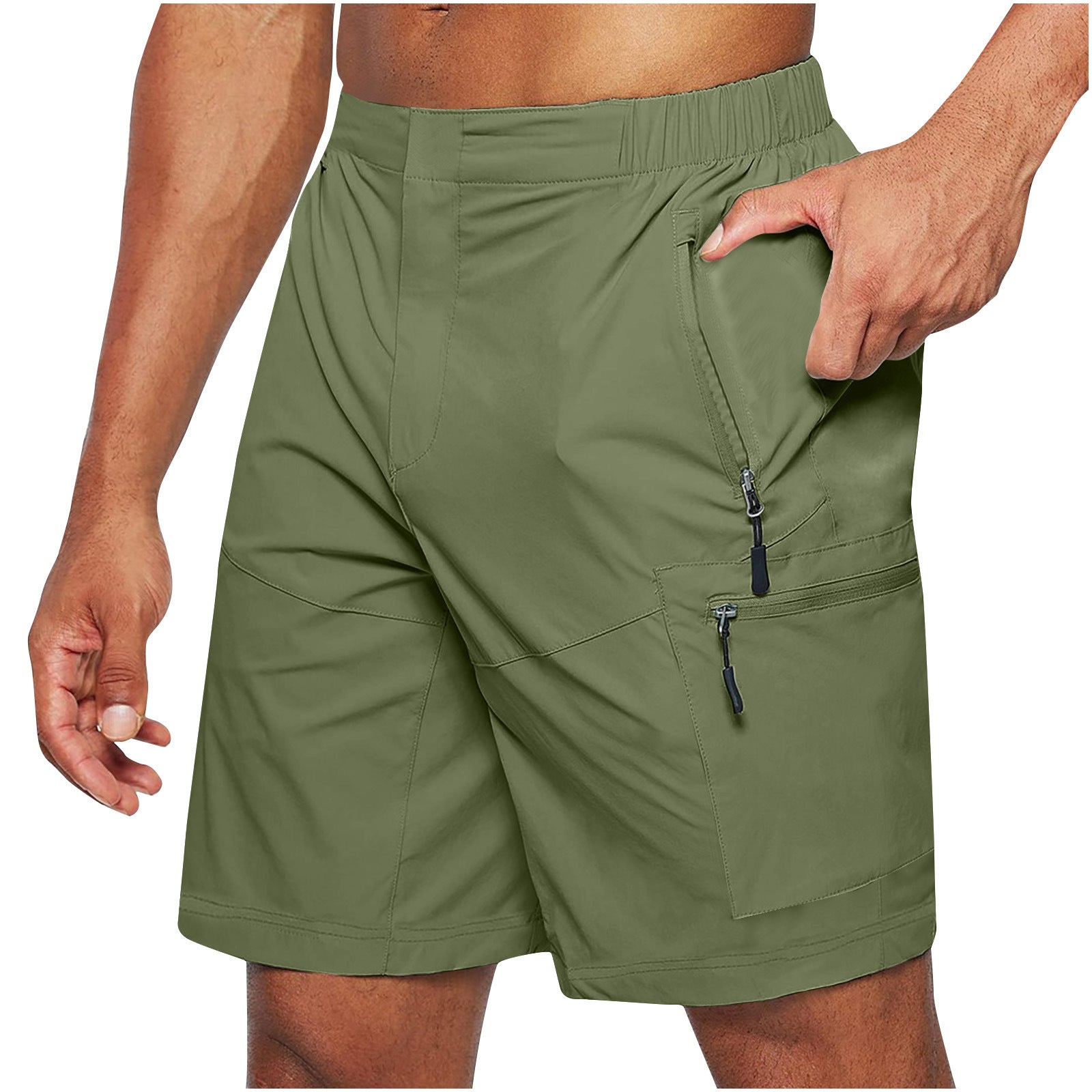 A collage of images showing men's casual elastic waist strap summer shorts in various colors including green, khaki, blue, black, and gray.