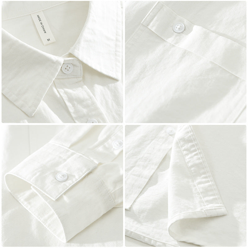 Detail shots of white Japanese Style Simple Long Sleeve Shirt Men's New Fashion Casual highlighting collar, pocket, cuff, and hem stitching.