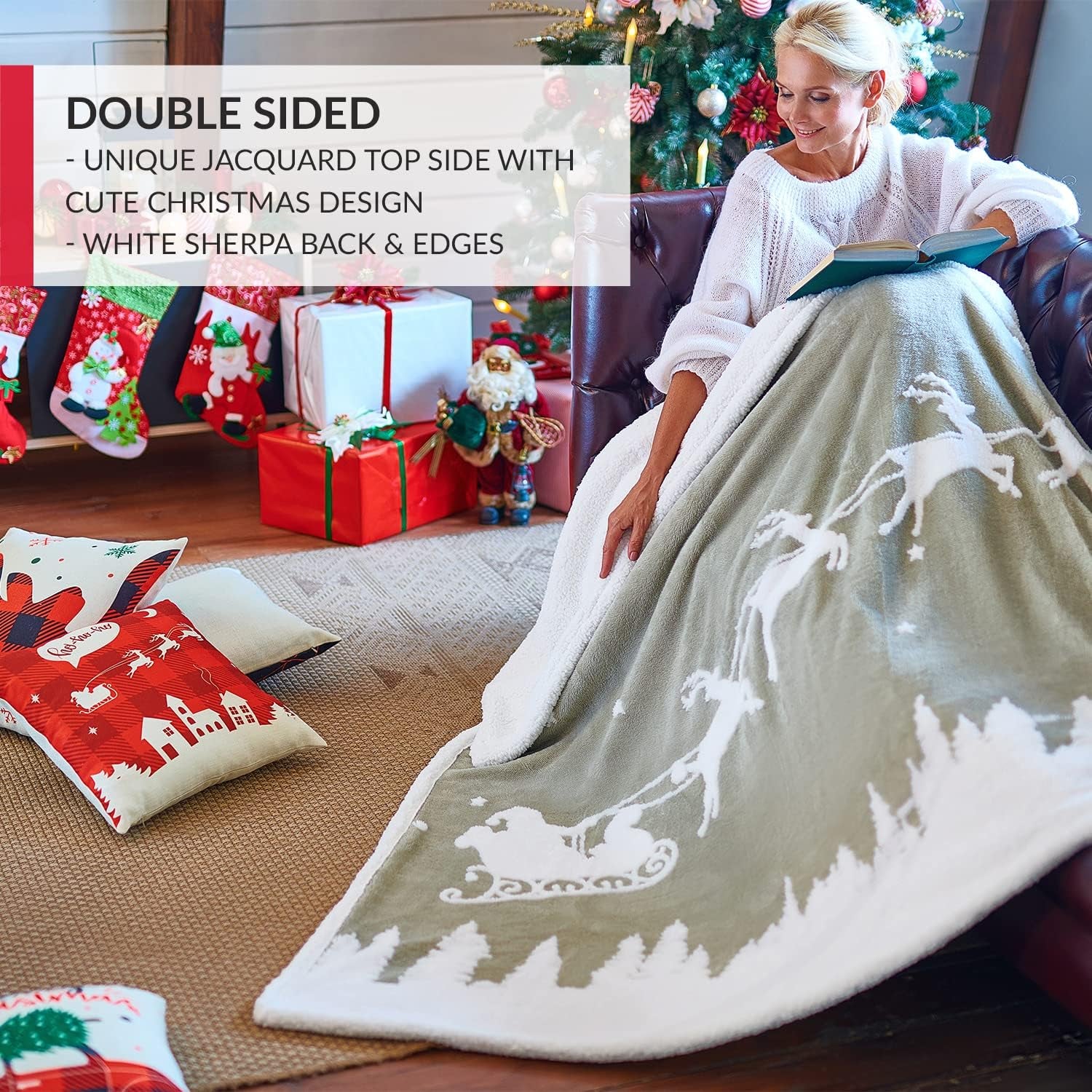 Christmas Blanket Sherpa Throw - 50X60 Santa Grey - Soft, Cozy, Warm - Perfect for Holiday Clearance - Winter Decorations for Home