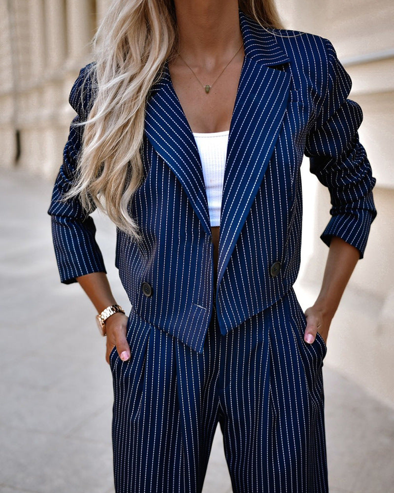 Multiple images of women's spring fashion striped suits in various colors featuring a long-sleeved crop top and straight pants. 