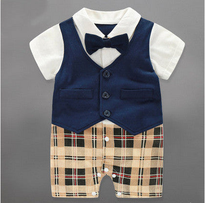 Baby onesie with long sleeves, featuring a vest and bow tie, with a plaid pattern on the lower part.