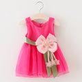 Hot pink baby girls' sleeveless gauze dress with decorative pink bow and green sash, stylish summer princess dress.