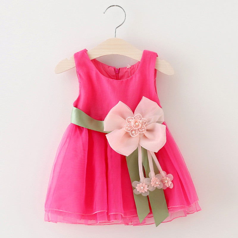Hot pink baby girls' sleeveless gauze dress with decorative pink bow and green sash, stylish summer princess dress.