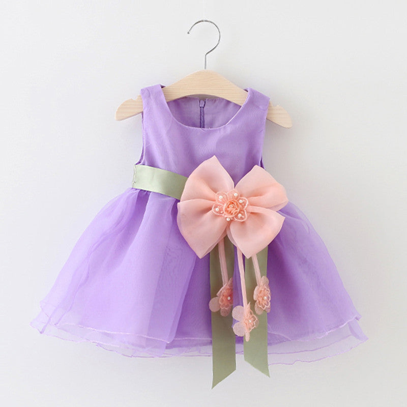 Lavender baby girls' gauze dress with peach bow and green ribbon, sleeveless summer princess dress for toddlers.