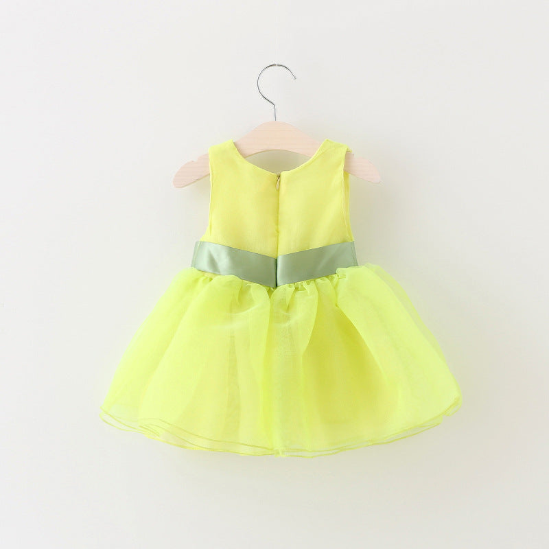 Back view of lime yellow baby girls' summer gauze dress with green waistband, sleeveless design for toddlers.
