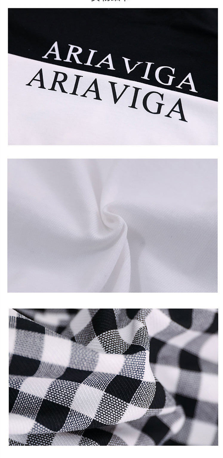 Two girls wearing a summer plaid pants short sleeve suit, one with a white T-shirt and the other with a black T-shirt, both in checkered black and white pants, paired with hats and white sneakers.