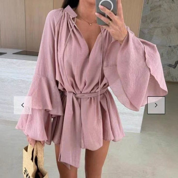 Women's V-neck Irregular Skirt With Ruffle Sleeves