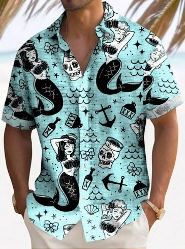 A man wearing a short-sleeved, striped beach shirt in white and blue colors