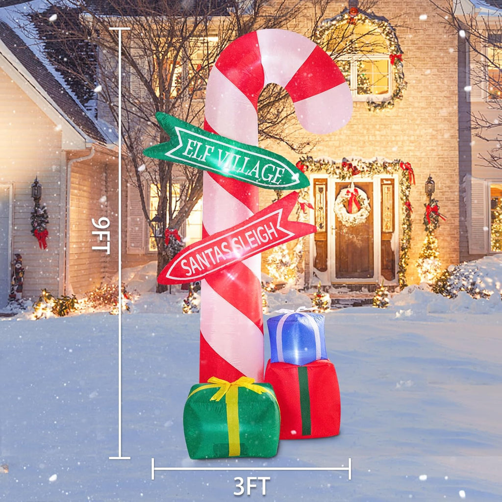 9 Ft Tall Christmas Inflatables Outdoor Decorations, Inflatables Candy Cane with Road Sign Blow up Merry Christmas Bag Yard Decoration Built-In LED Lights for Outdoor Party Holiday Decor