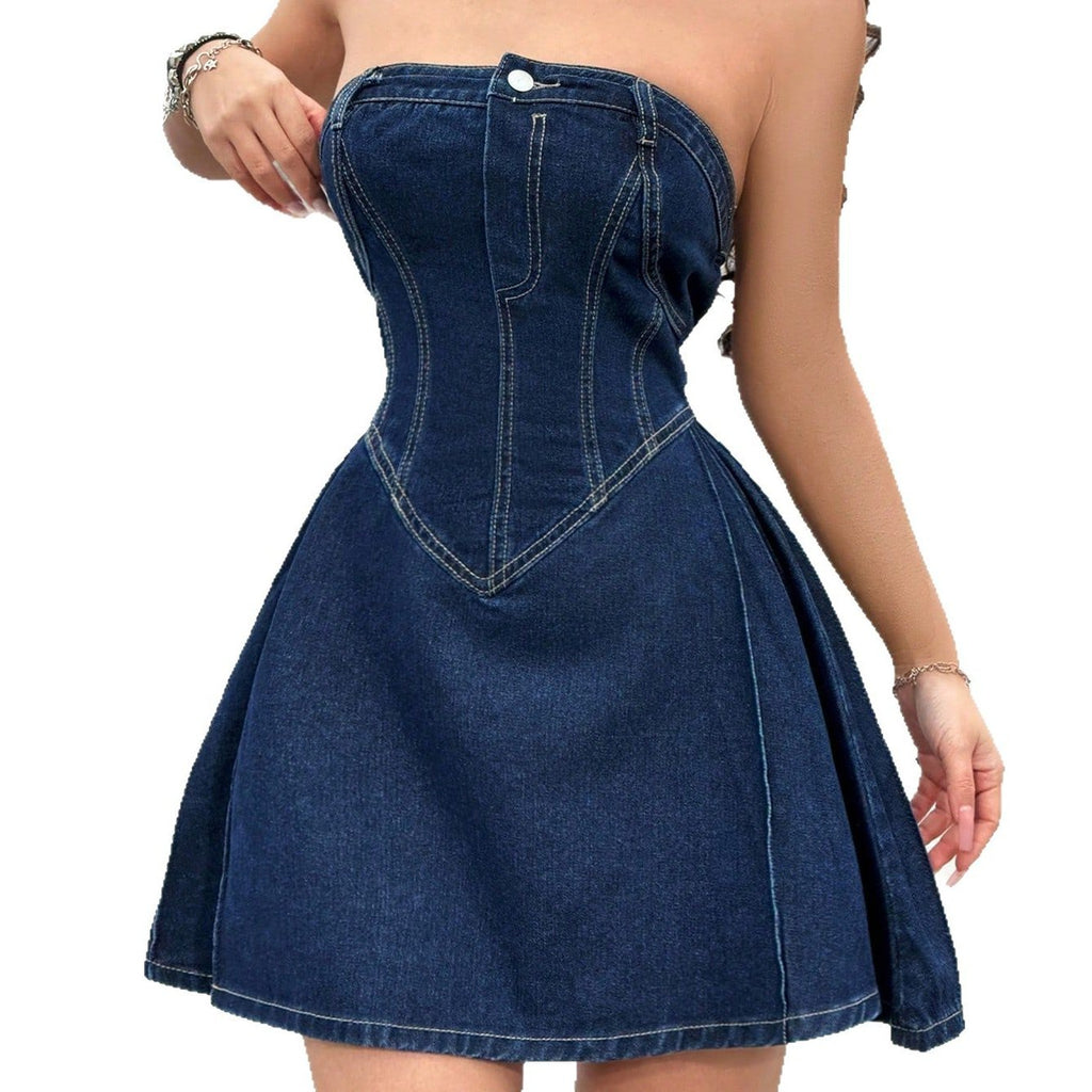 Trendy Y2K bodycon strapless denim mini dress for women featuring a tight fishbone waist and flared hem, perfect for summer parties.