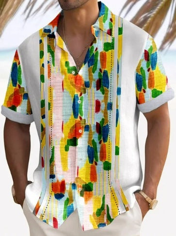 A man wearing a short-sleeved, striped beach shirt in white printed colors