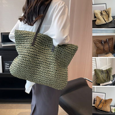 A collage of images showing a green woven shoulder bag in various angles, indicating its design and use for fashion purposes.
