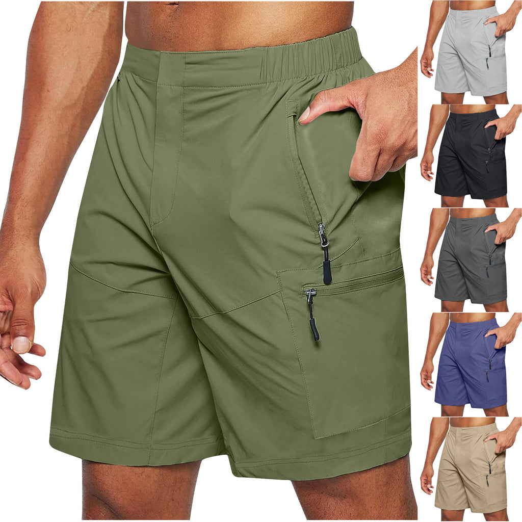 A collage of images showing men's casual elastic waist strap summer shorts in various colors including green, khaki, blue, black, and gray.