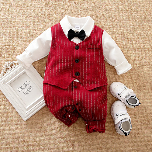 A set of baby autumn clothing featuring a wine red and white striped romper with long sleeves, a white shirt, and a bow tie. Accompanied by white baby shoes and a frame for a photo.