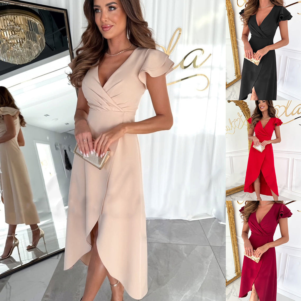 Multiple images of women modeling v-neck, waist-tight, ruffle sleeve, irregular hem dresses in various colors including black, red, wine red, and beige.