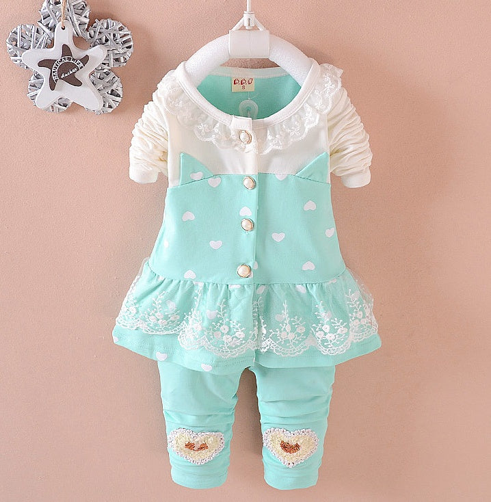 Mint green BibiCola baby girl tracksuit set with lace skirt overlay, heart prints, and decorative knee patches for toddlers aged 1-3.