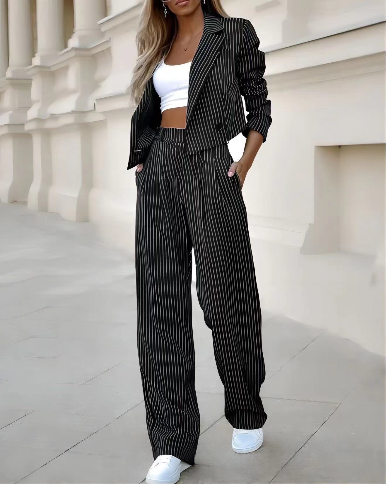 Multiple images of women's spring fashion striped suits in various colors featuring a long-sleeved crop top and straight pants. 