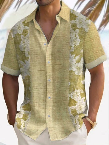 A man wearing a short-sleeved, striped beach shirt in white and light brown colors