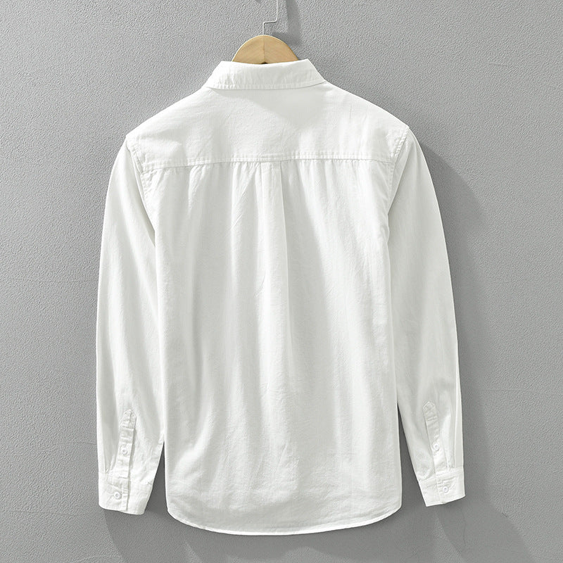 Back view of white Japanese Style Simple Long Sleeve Shirt Men's New Fashion Casual, showcasing clean seams and classic collar design.