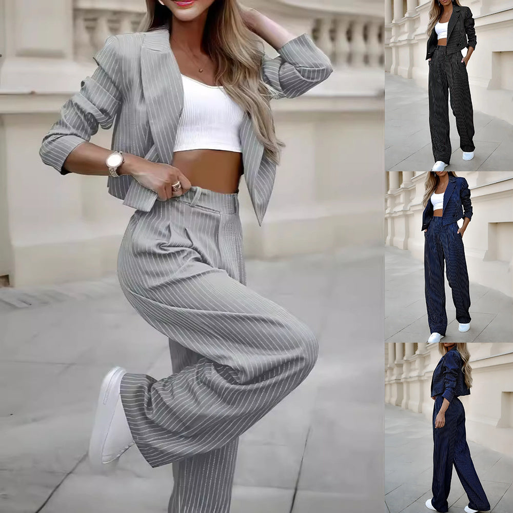 Multiple images of women's spring fashion striped suits in various colors featuring a long-sleeved crop top and straight pants.
