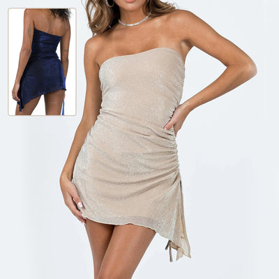 A tube top dress with a drawstring design, backless, made of gold and silver silk, and available in dark blue and champagne colors. The dress is shown in two angles, one showcasing the front and the other highlighting the back.