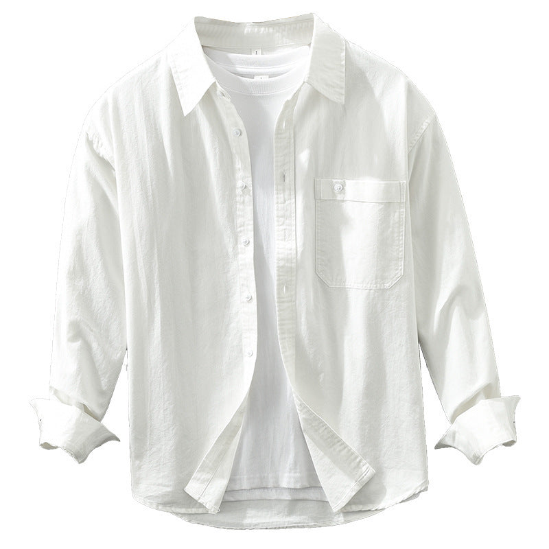White Japanese Style Simple Long Sleeve Shirt Men's New Fashion Casual with chest pocket, worn open over a white T-shirt, relaxed fit.