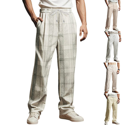 A collage of images displaying men's casual beach trousers in various solid colors including white, blue, black, gray, and green, featuring a mid-waist waist type and made from linen fabric.