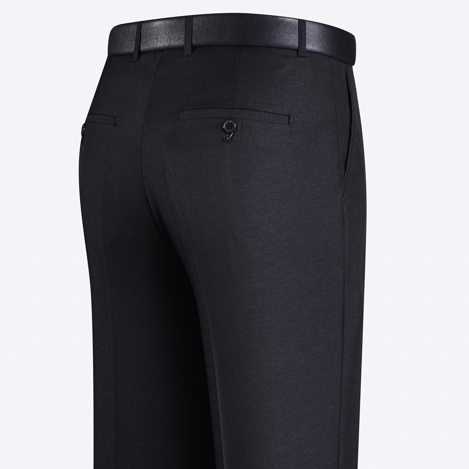 Three pairs of men's suit pants in white, blue, and gray colors, displayed side by side against a white background.