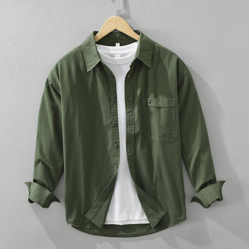 Duplicate image of green Japanese Style Simple Long Sleeve Shirt Men's New Fashion Casual, pure cotton fabric with casual loose fit.