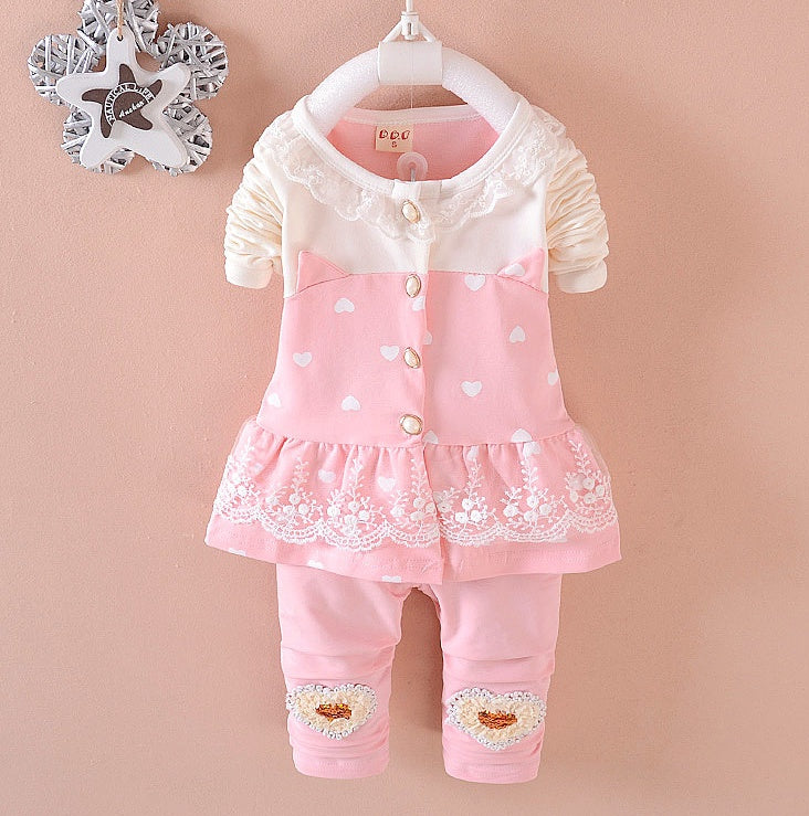 BibiCola baby girl pink tracksuit set with lace trim, heart prints, and ruffled hem, ideal for toddlers aged 1-3 years in cotton fabric.