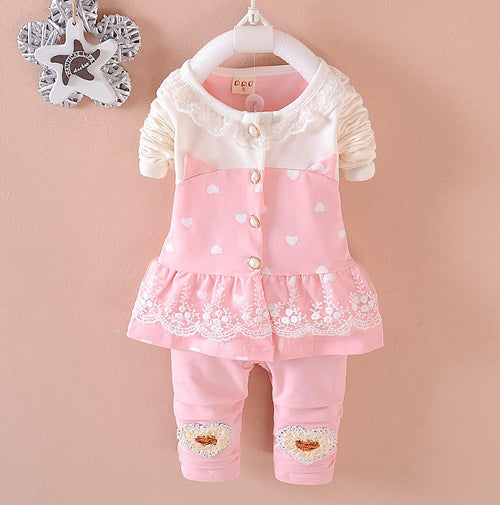 BibiCola baby girl pink tracksuit set with lace trim, heart prints, and ruffled hem, ideal for toddlers aged 1-3 years in cotton fabric.