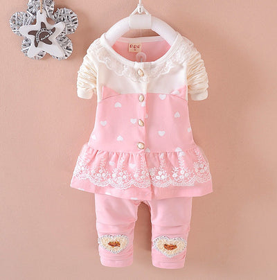 BibiCola baby girl pink tracksuit set with lace trim, heart prints, and ruffled hem, ideal for toddlers aged 1-3 years in cotton fabric.