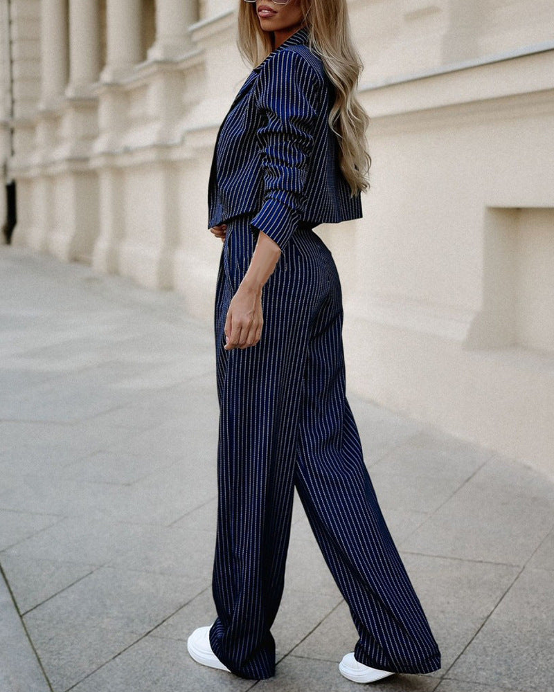 Multiple images of women's spring fashion striped suits in various colors featuring a long-sleeved crop top and straight pants. 
