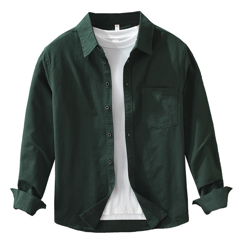 A long sleeve men's shirt in dark green color, displayed on a wooden hanger with a white inner shirt visible.