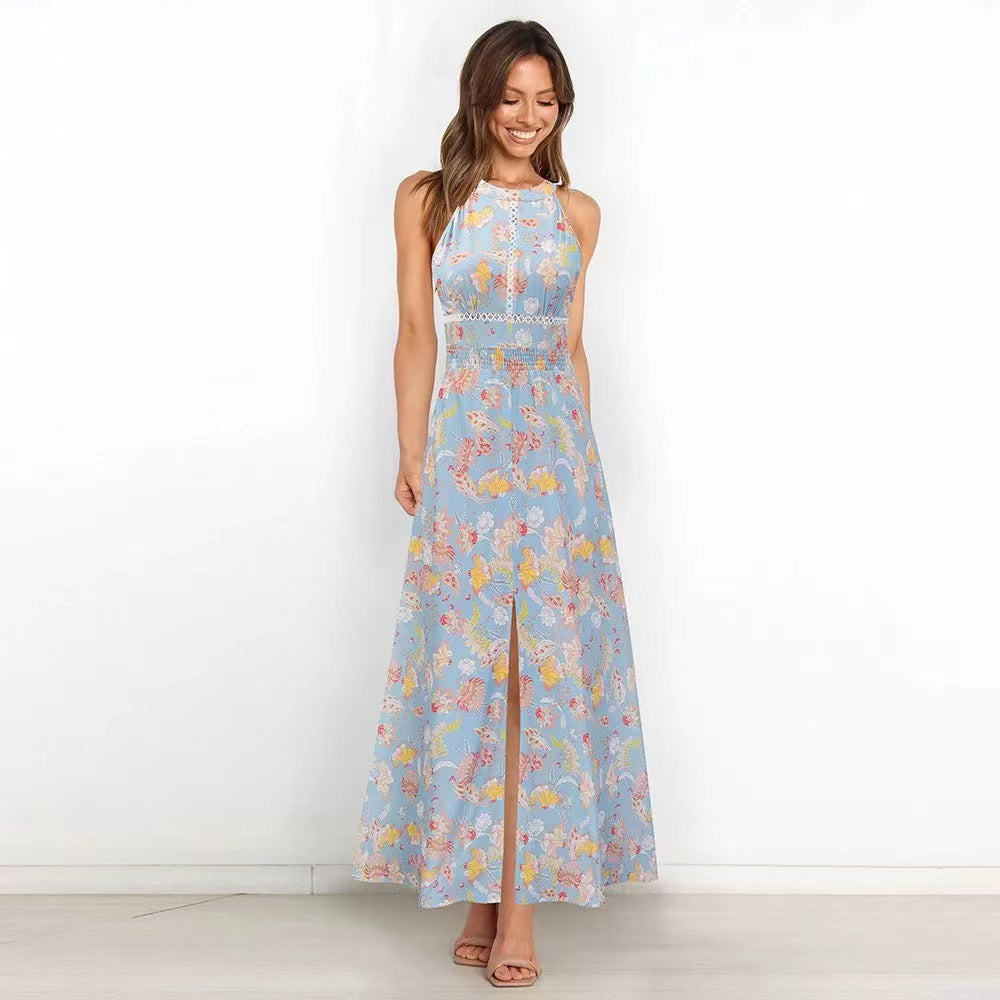Summer Printed Round Neck Sleeveless Dress Halter Long