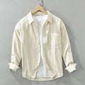 Apricot color variation of Japanese Style Simple Long Sleeve Shirt Men's New Fashion Casual, styled open over a white T-shirt.