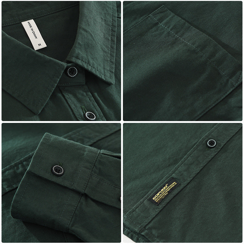 A long sleeve men's shirt in dark green color, displayed on a wooden hanger with a white inner shirt visible.